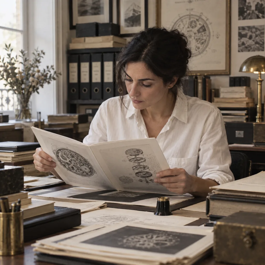 Giada Ruscitti consulta un manuale tecnico illustrato, seduta a una scrivania coperta di documenti e raccoglitori d'archivio.