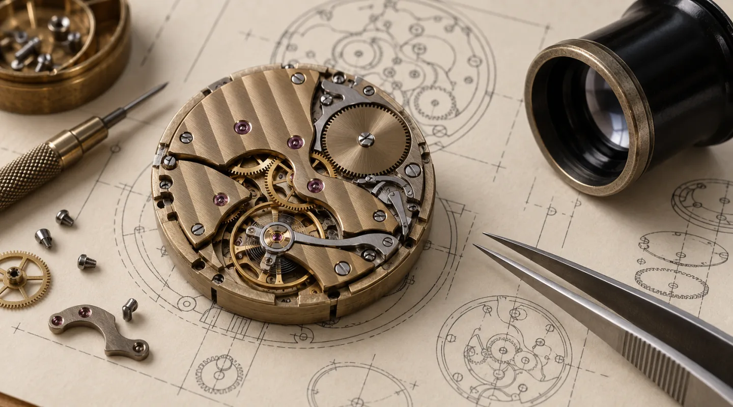 Calibro meccanico con ponti decorati a righe, posato su un disegno tecnico, accanto a una lente da orologiaio e a delle pinzette.