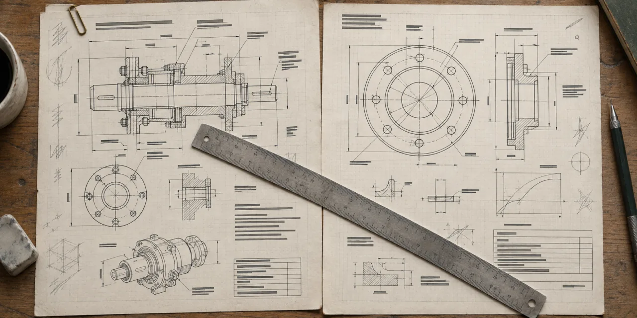 Due pagine di documentazione tecnica affiancate, con un righello d'acciaio appoggiato di traverso e una graffetta in ottone.