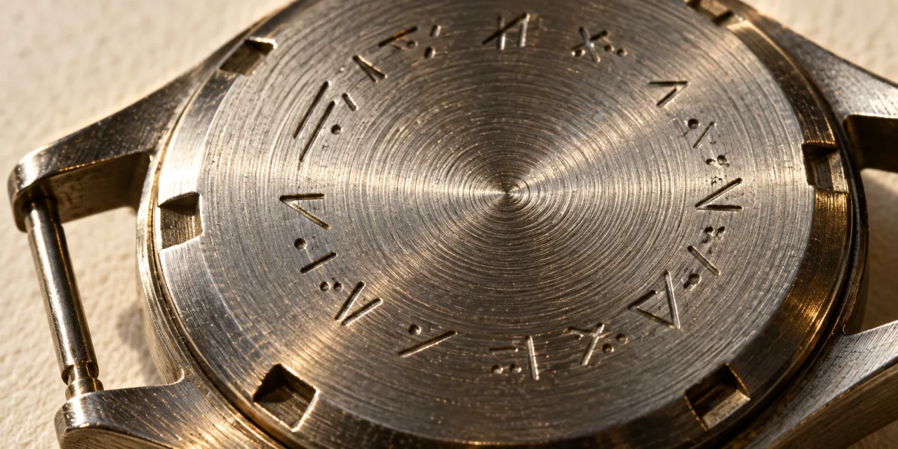 Fondello di una cassa d'orologio con satinatura circolare e caratteri incisi lungo il bordo, illeggibili.