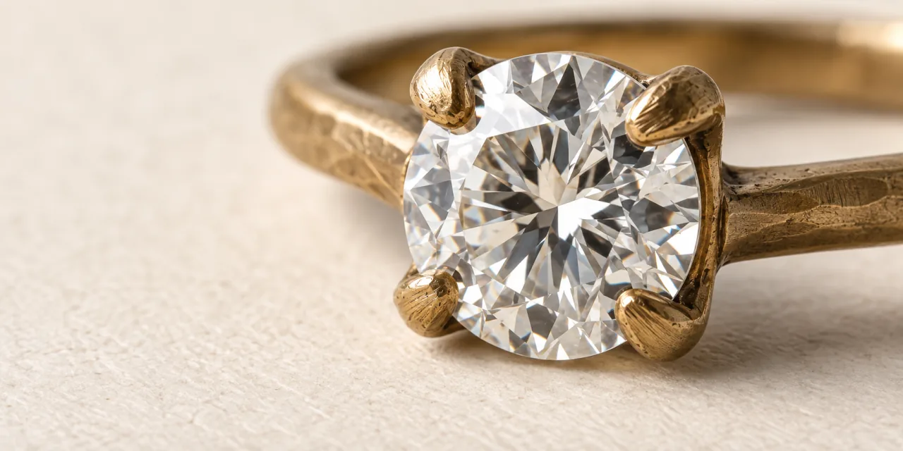 Le quattro griffe in oro che trattengono una pietra incolore sfaccettata, con i segni dell'utensile visibili sul metallo.