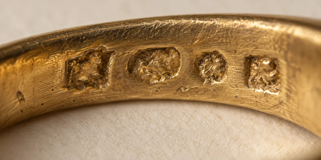 Interno di un anello in oro: quattro punzoni battuti nel metallo, illeggibili, in luce radente.