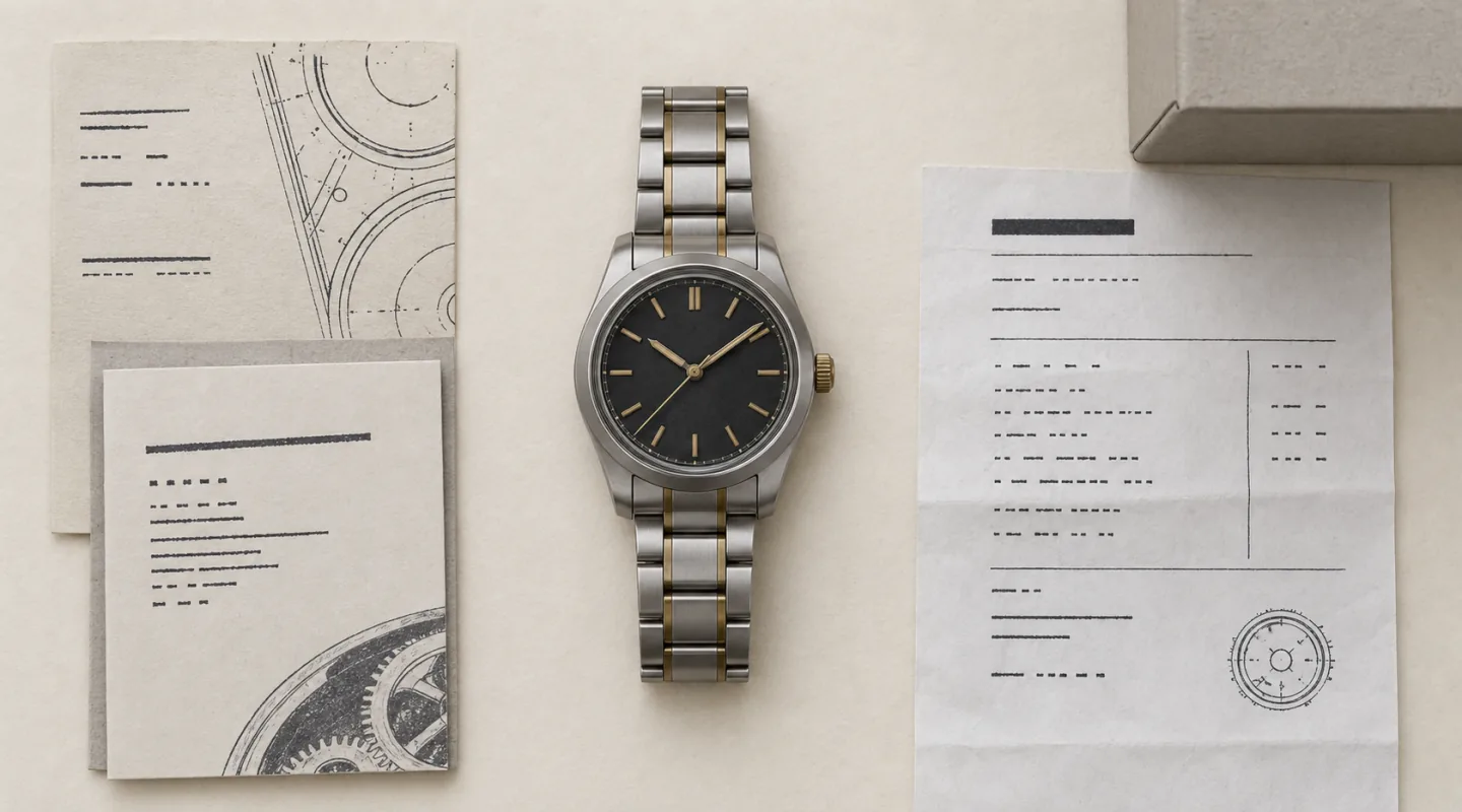 Orologio meccanico con bracciale bicolore posato su carta chiara, tra schede tecniche stampate, una ricevuta e l'angolo di una scatola.