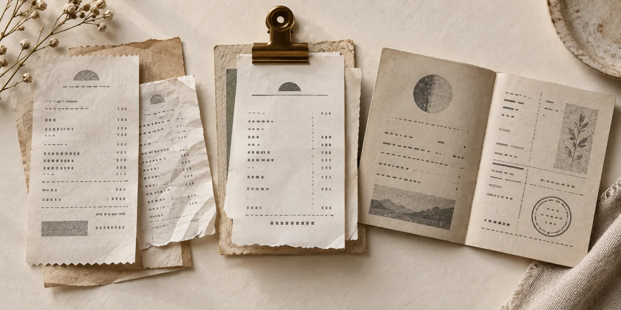 Ricevute stampate e un libretto aperto disposti su carta chiara, fermati da una clip in ottone; i testi non sono leggibili.