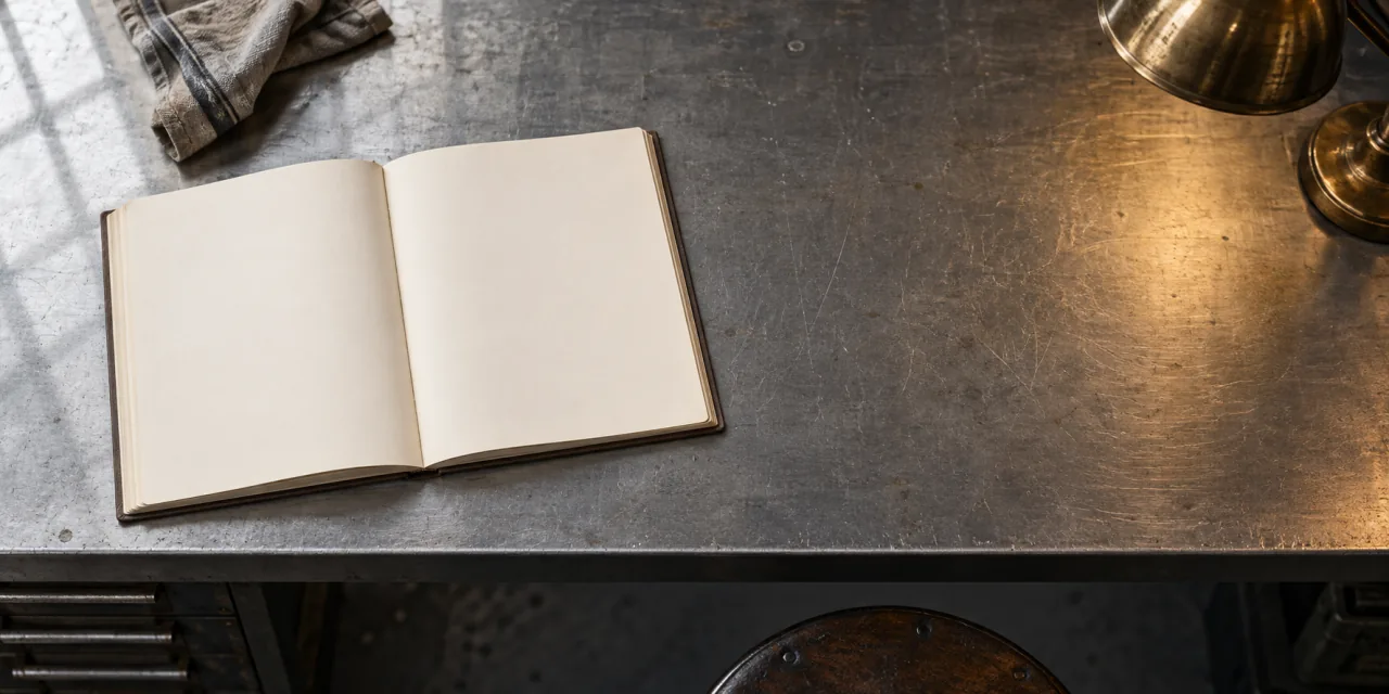 Piano di lavoro in metallo vuoto, senza utensili, con un quaderno aperto su pagine bianche sotto una lampada da banco.